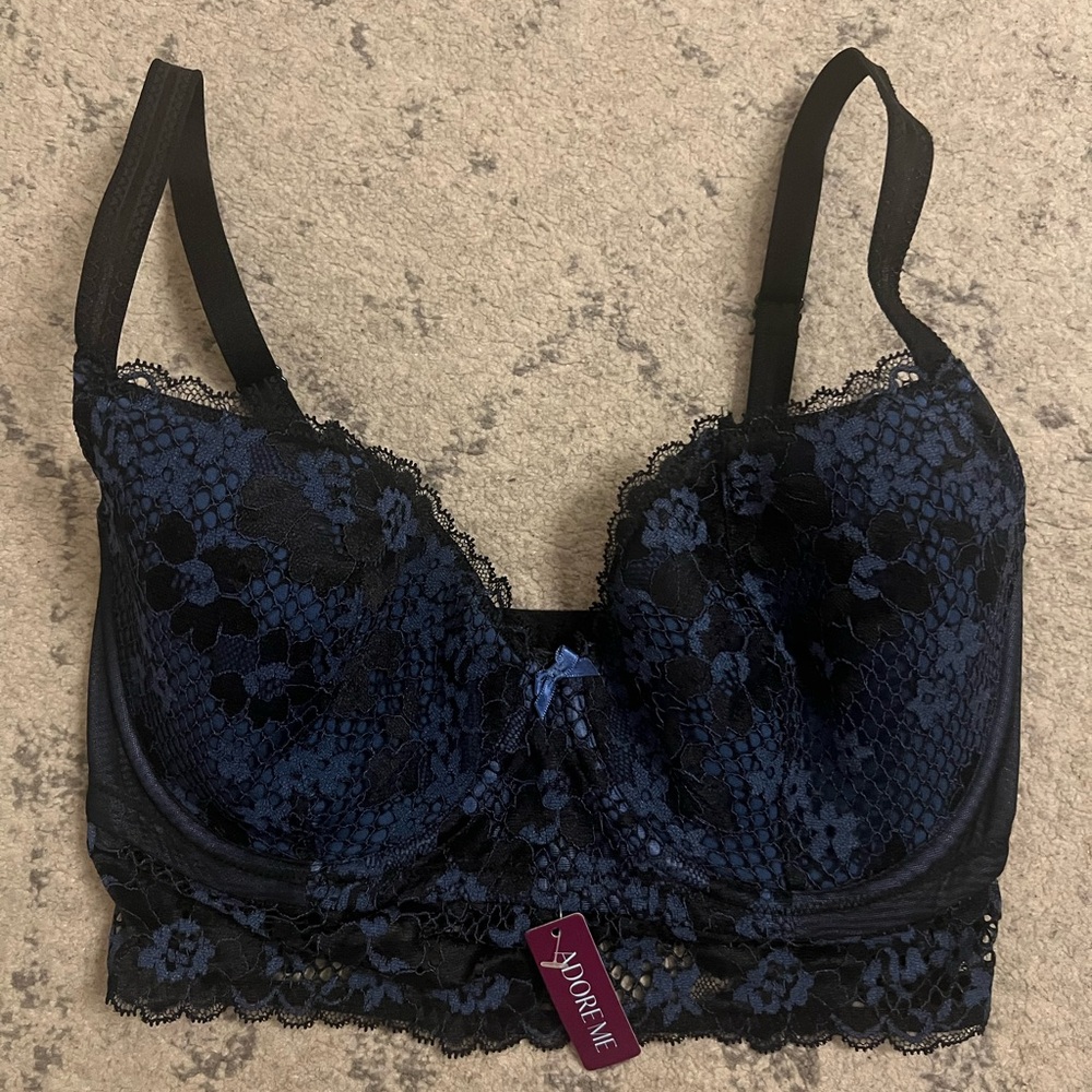Adore Me Navy and Black Lace Longline Bra NWT